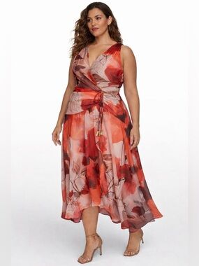 NWT DKNY Donna Karan Floral Wrap Sleeveless Stretch Chiffon Midi Dress 22W